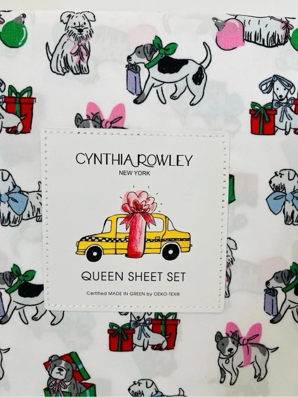 Cynthia Rowley Puppy Cheer Queen Size Sheet Set Presents Bows Ornaments Gifts